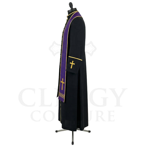 Side view of the black cassock robe showing the purple stole hanging past the hip and the gold cord at the cuff.