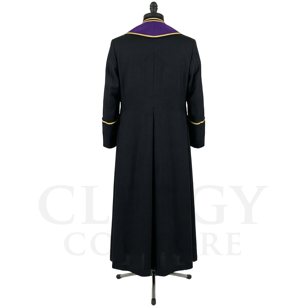 Back view of the black cassock robe without the stole, showing the purple collar facing and gold piping.