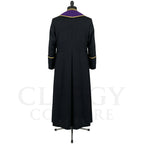 Back view of the black cassock robe without the stole, showing the purple collar facing and gold piping.