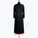 Back view of the black red-trimmed cassock robe, showing the plain back and the centre vent through the skirt.