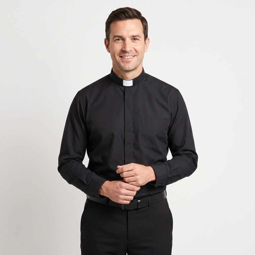 Man wearing the black long-sleeve tab-collar clergy shirt with a white tab (shown for styling, not included), covered placket and left chest pocket, against a light grey background.