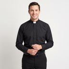 Man wearing the black long-sleeve tab-collar clergy shirt with a white tab (shown for styling, not included), covered placket and left chest pocket, against a light grey background.