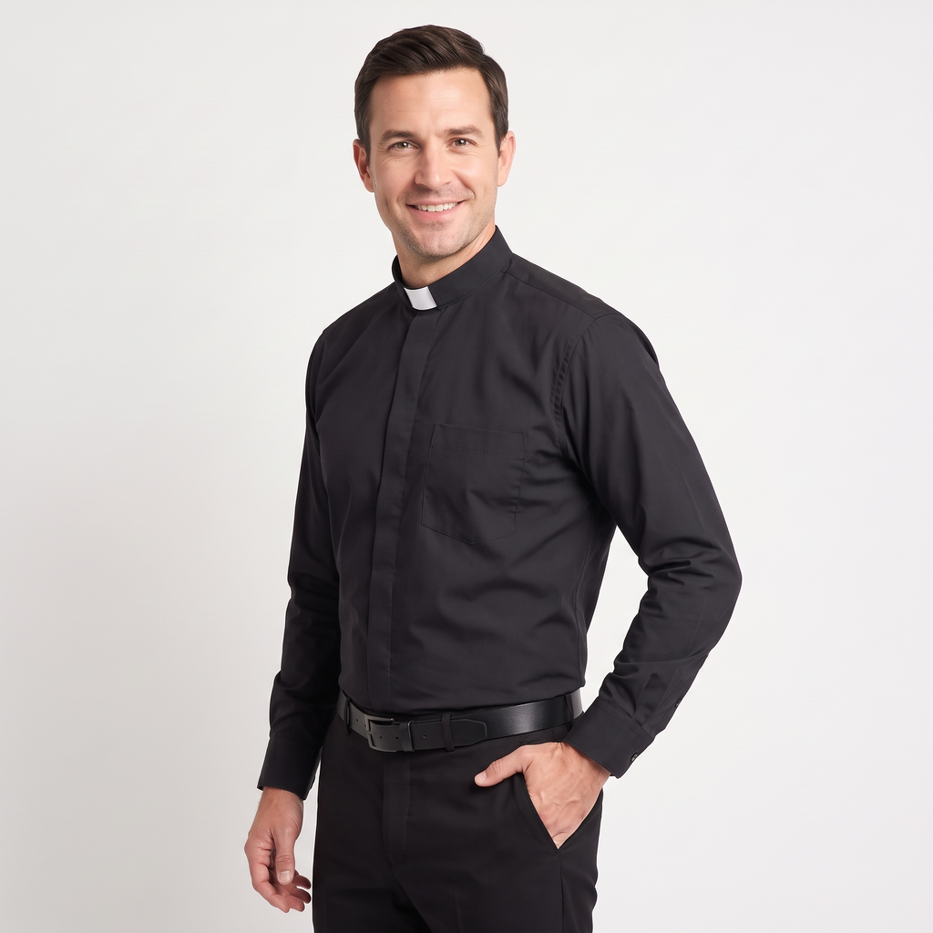 Three-quarter view of the black clergy shirt showing the collar profile, sleeve and cuff.