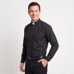 Three-quarter view of the black clergy shirt showing the collar profile, sleeve and cuff.