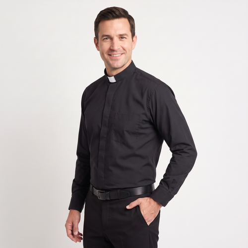 Three-quarter view of the black clergy shirt showing the collar profile, sleeve and cuff.