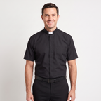 The short-sleeve version of the black tab-collar clergy shirt, worn with black trousers.