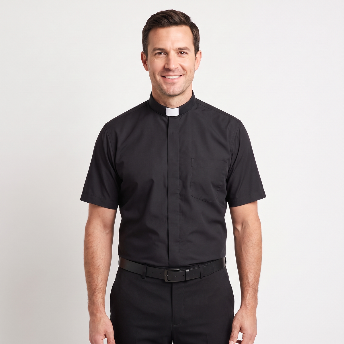 The short-sleeve version of the black tab-collar clergy shirt, worn with black trousers.