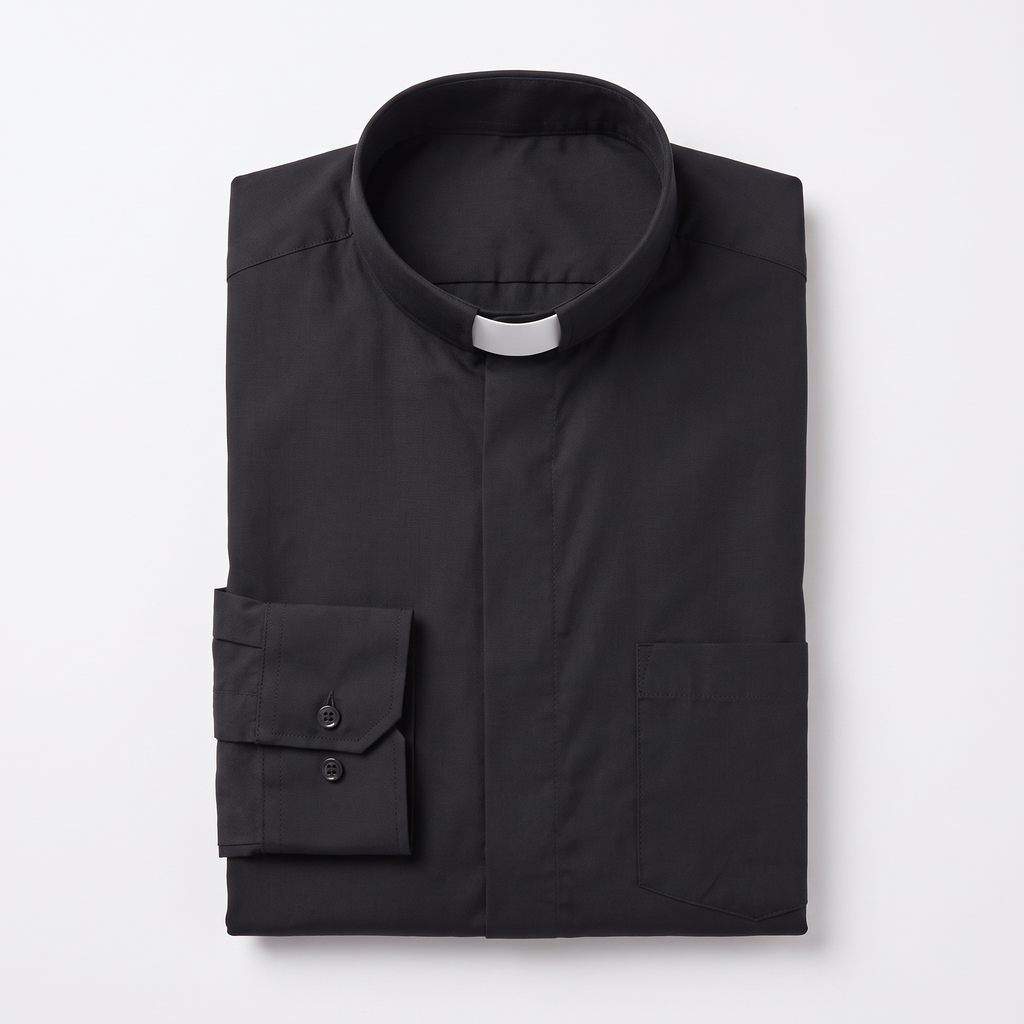 The black long-sleeve clergy shirt folded, with the collar standing and a buttoned barrel cuff visible.