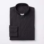 The black long-sleeve clergy shirt folded, with the collar standing and a buttoned barrel cuff visible.