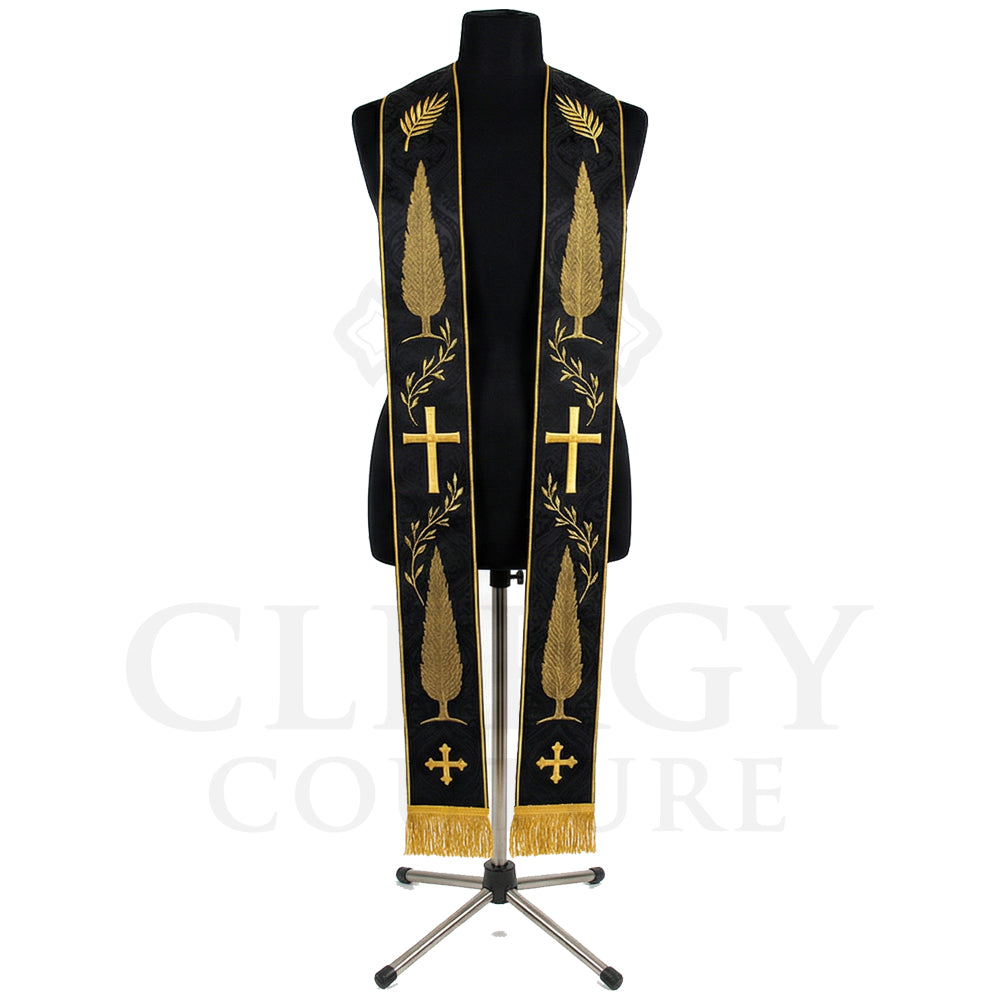 Black clergy stole with gold cypress trees and crosses embroidered down both panels above twisted gold fringe