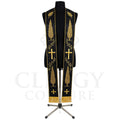 Black clergy stole with gold cypress trees and crosses embroidered down both panels above twisted gold fringe