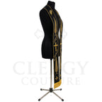 Close side view of the black funeral stole showing the gold cypress tree, cross and leaf embroidery in detail