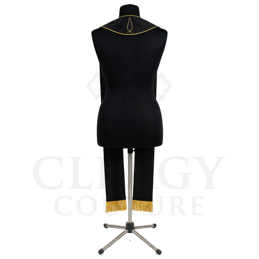 Back view of the black cypress cross stole with a single gold cypress tree outline on the plain yoke