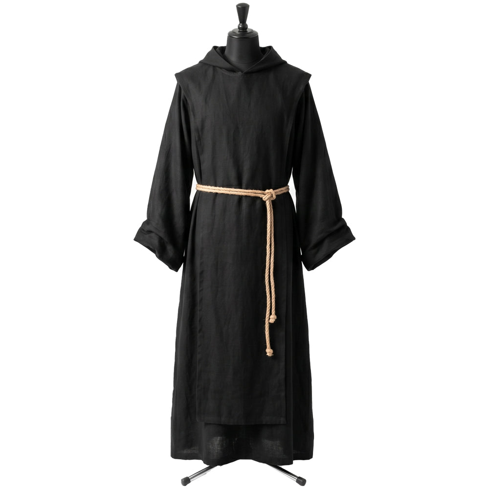 Front view of a plain black hooded monk habit on a display form, cinched with a tan rope cincture.