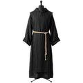 Front view of a plain black hooded monk habit on a display form, cinched with a tan rope cincture.