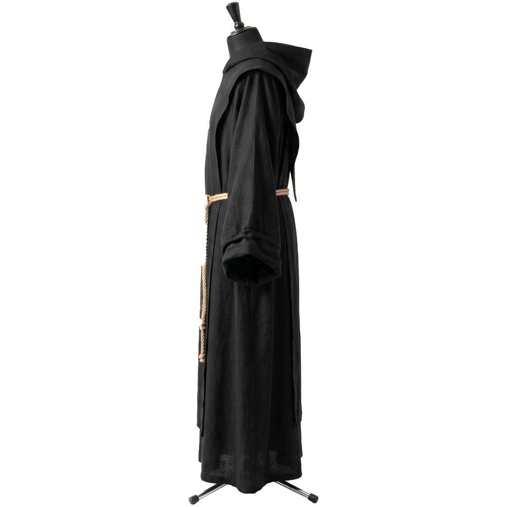 Side profile of a black hooded habit showing the cuffed sleeve and knotted tan rope cincture tassels.