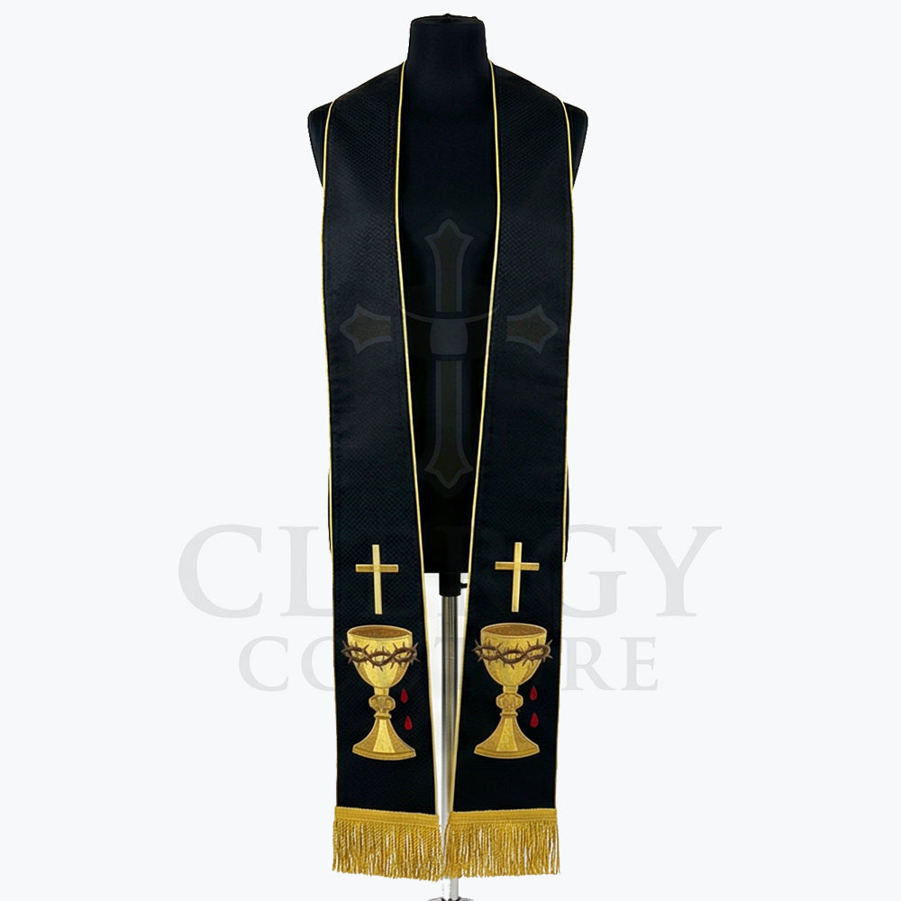 Black Passion Stole with a woven cross pattern and a gold chalice wrapped in thorns near the hem.