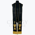 Black Passion Stole with a woven cross pattern and a gold chalice wrapped in thorns near the hem.