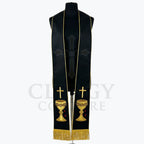 Black Passion Stole with a woven cross pattern and a gold chalice wrapped in thorns near the hem.