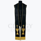 Black Passion Stole with a woven cross pattern and a gold chalice wrapped in thorns near the hem.