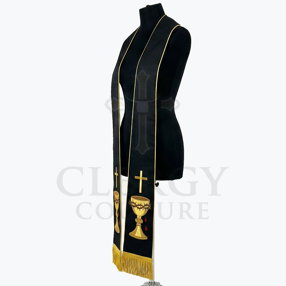 Close-up of the chalice, crown of thorns and blood-drop embroidery on the black Passion Stole's woven panel.