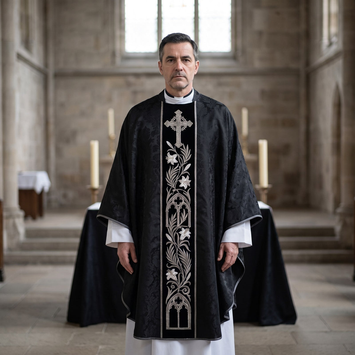 A priest wearing the black requiem chasuble with silver lily embroidery in a stone church, a black-draped catafalque and candles behind
