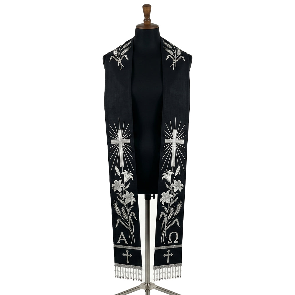 Black requiem stole with silver wheat, radiant cross, lily and Alpha and Omega letters down both panels