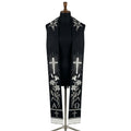 Black requiem stole with silver wheat, radiant cross, lily and Alpha and Omega letters down both panels