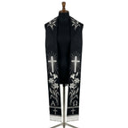 Black requiem stole with silver wheat, radiant cross, lily and Alpha and Omega letters down both panels