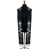 Black requiem stole with silver wheat, radiant cross, lily and Alpha and Omega letters down both panels