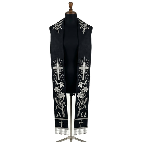 Black requiem stole with silver wheat, radiant cross, lily and Alpha and Omega letters down both panels