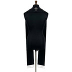 Back view of the black Alpha Omega stole showing a single radiant silver cross on the plain yoke