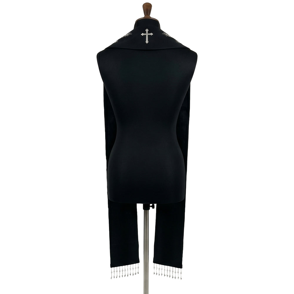 Back view of the black Alpha Omega stole showing a single radiant silver cross on the plain yoke