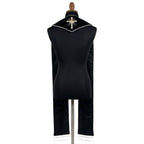 Back view of the calla lily stole showing a gold sunburst cross and crown motif on the black velvet-look yoke