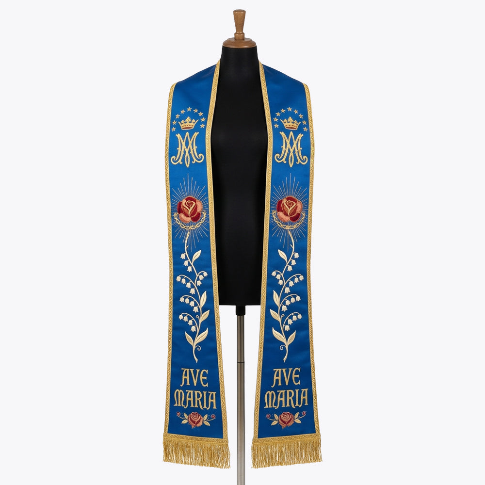 Royal blue Marian stole with a gold crown, AM monogram, red rose and Ave Maria text down both panels