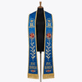 Royal blue Marian stole with a gold crown, AM monogram, red rose and Ave Maria text down both panels