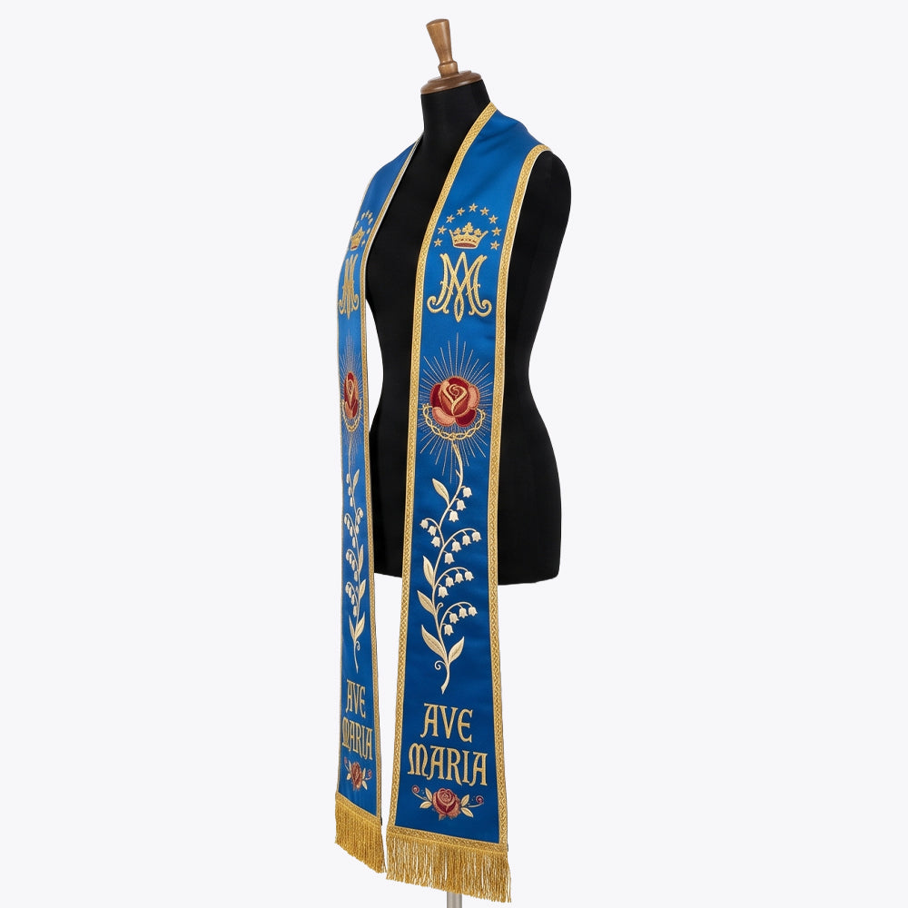 Angled view of the blue Marian stole showing the crown, rose, bell flowers and Ave Maria lettering together