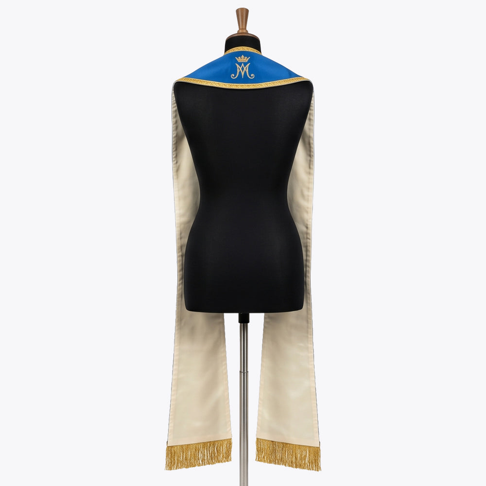 Back view of the blue Marian stole with a gold crowned AM monogram on the yoke above an ivory-toned drape