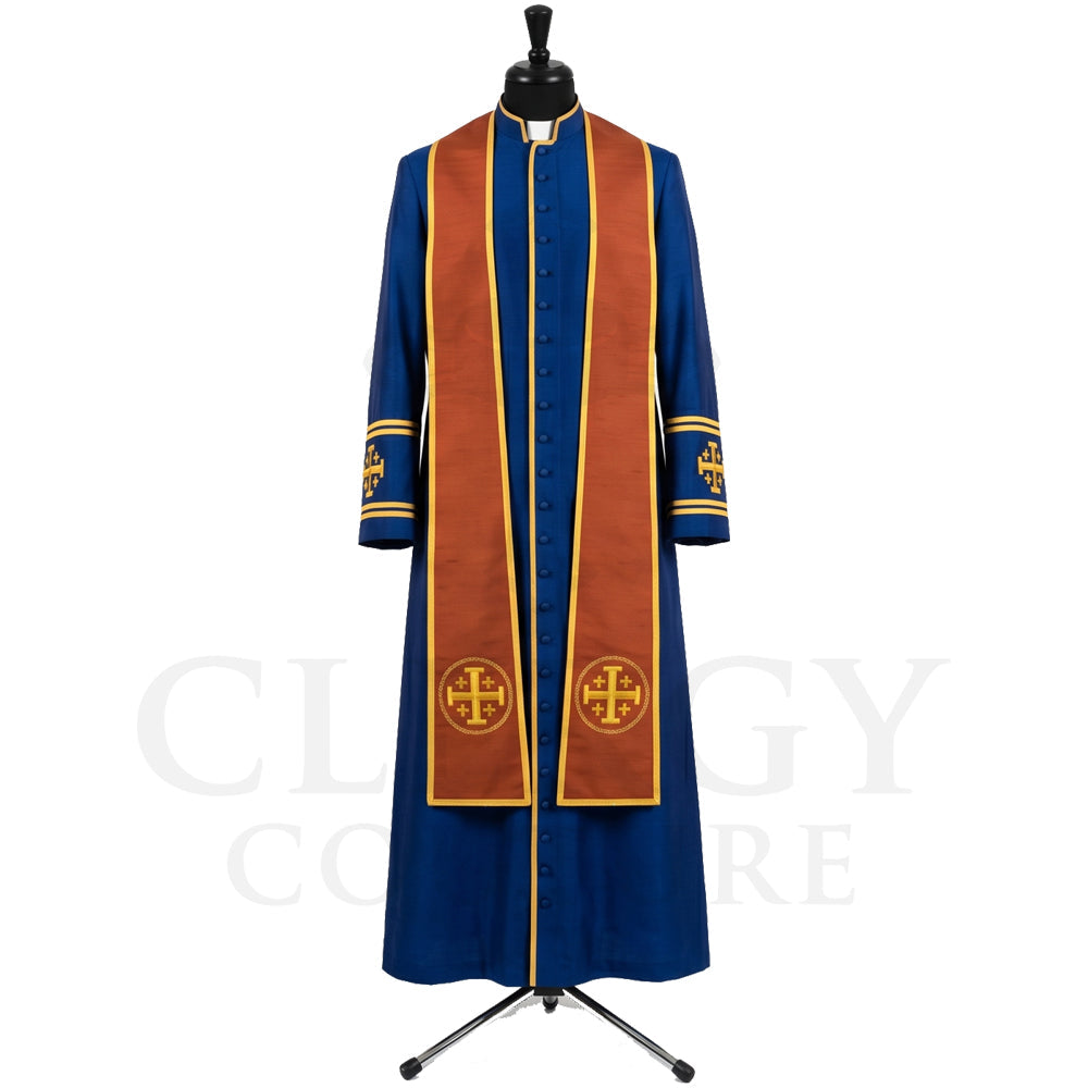 Front view of a blue clergy cassock robe worn with the optional rust gold stole embroidered with Jerusalem crosses.