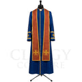 Front view of a blue clergy cassock robe worn with the optional rust gold stole embroidered with Jerusalem crosses.