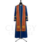 Front view of a blue clergy cassock robe worn with the optional rust gold stole embroidered with Jerusalem crosses.