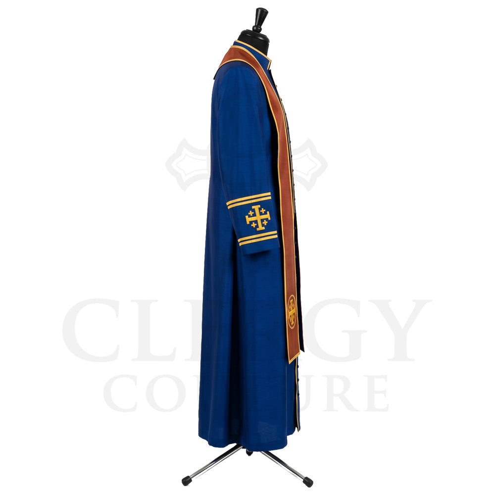Side view of the blue cassock robe showing the rust gold yoke over the shoulder and the stole hanging past the hip.