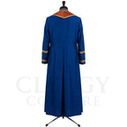 Back view of the blue cassock robe without the stole, showing the pointed rust gold yoke across the shoulders.