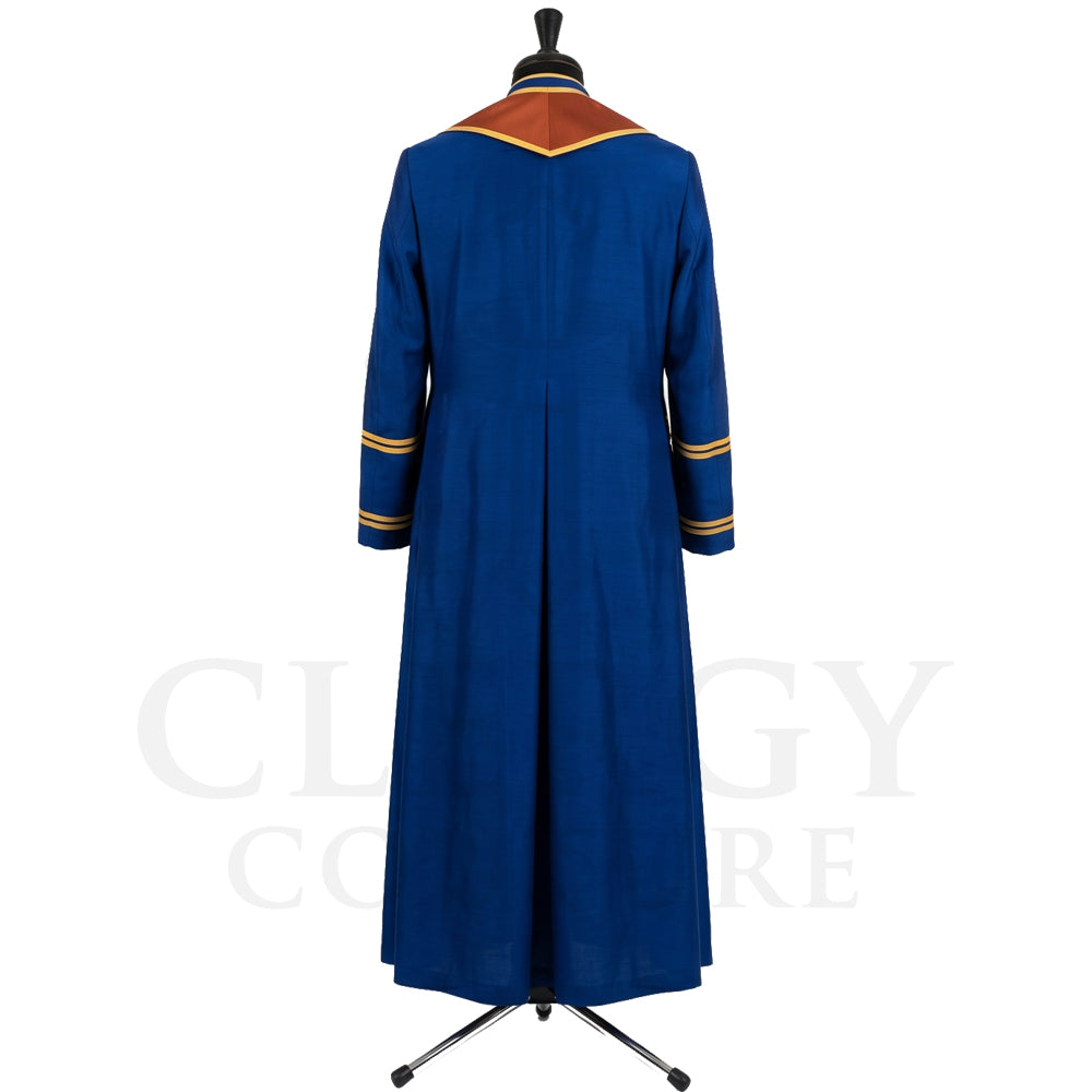 Back view of the blue cassock robe without the stole, showing the pointed rust gold yoke across the shoulders.