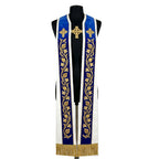 Blue velvet-look priest stole with three gold Celtic crosses and ivory bands of gold lily embroidery to the fringe