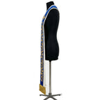 Close side view of the blue and ivory Marian stole showing the gold lily and pomegranate vine in detail