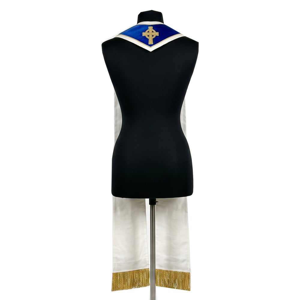 Back view of the blue velvet-look Marian stole with a single gold Celtic cross centered on the plain yoke