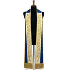 Royal blue clergy stole on a bust form, ivory bands on both panels embroidered with a gold vine above bullion fringe.