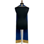 Back neck of the blue clergy stole, showing a gold-embroidered Celtic ring cross centred above the shoulders.