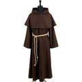 Front view of a brown monk habit with a pointed capelet, patch pocket and tan rope cincture.